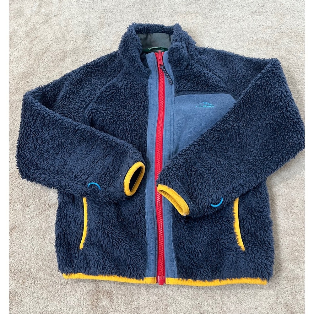 LL Bean Hi-Pile Fleece Fuzzy jacket, M (Youth 5-6) Navy Blue Full Zip EUC